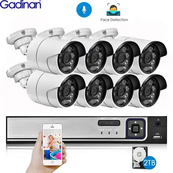 Gadinan H. 265 8CH 5MP POE NVR Комплект за Безопасност, Разпознаване на Лица видео Система за наблюдение на Аудио AI 5-МЕГАПИКСЕЛОВА IP Камера Външна P2P Комплект за Видеонаблюдение