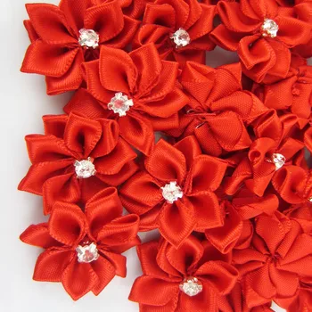 12шт 1 Червена лента сатен на цветя бял кристал апликация изкуствени цветя, панделки за шиене на бродерия сватбени декорации