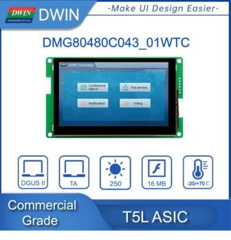 LCD дисплей DWIN 4.3 инча, резолюция 800 * 480 пиксела, 16,7 Милиона цвята, IPS TFT LCD, широк ъгъл на видимост DMG80480C043_01WTC/02WTC