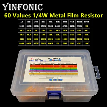 60 стойности 1/4 W 1% метални филм резистори 5-лентов код 1R-10M всеки 10 бр. Само на 600 бр. Комплект резистори с кутия