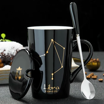 Керамични Чаши 12 Съзвездия Творчески Чаши С Лъжица Капак Черна Чаша Порцелан Зодиак Млечни Чашата За Кафе Посуда За Напитки Подарък За Двойки
