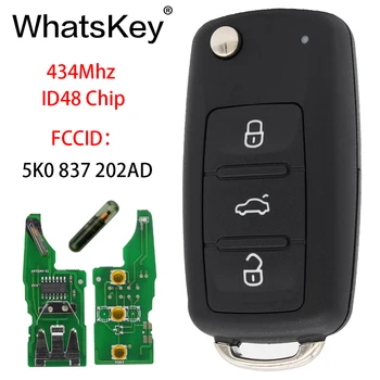 WhatsKey 3 Бутона за Дистанционно управление 434 Mhz ID48 Чип Автомобилен Ключ За Volkswagen VW Caddy Beetle, Eos, Jetta Golf 5K0 837 202 АД Hella 5K0837202AD