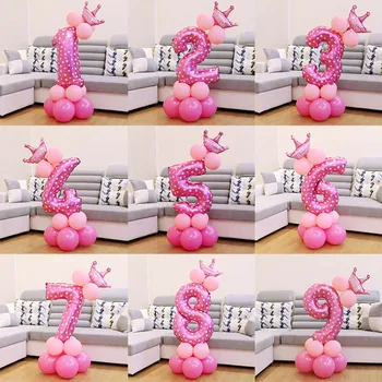 1 комплект Синьо, Розово Фолио Номер Балон, Балони, Балони Короната Годишнина Бебе Душ Деца честит Рожден Ден Балон Момче Момиче