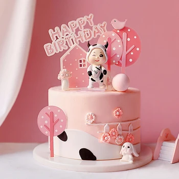 Бебе честит Рожден Ден Акрилни Топперы за Торта Флаг Розова Ферма Щастливата Крава, Заек за Детска Торта за Рожден Ден Вечерни Аксесоари Подаръци