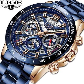 LIGE 2021, Нов Модерен Мъжки Часовник от Неръждаема Стомана, Най-добрата Марка за Луксозни Спортни Кварцови Часовници с Хронограф, Мъжки Relogio Masculino