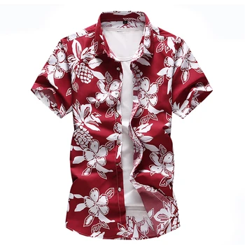 Мъжки тънки ризи с флорални принтом и Къс ръкав, Летни Хавайски празнични вечерни от ежедневните червени, сини, черни Ризи camisa masculina 6XL 7XL