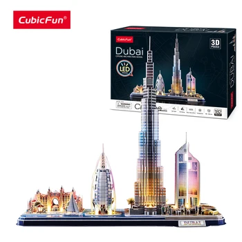 3D Пъзел CubicFun LED Dubai Cityline Lighting Building Burj Al Arab Jumeirah Hotel Burj Khalifa Emirates Towers за пораснали Деца