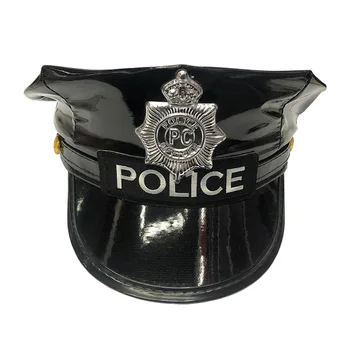 Служител на Полицията Меки Кожени Шапки Шапки Унисекс За Възрастни Черно Косплэй Вечерни Облекло Полицията Шапка Аксесоари в Европейския и Американския Стил