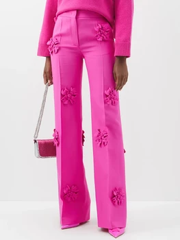 Високо качество на най-Новите Дизайнерски Модни Панталони 2023 г., Женски прави Панталони с Великолепни Цветни Апликации