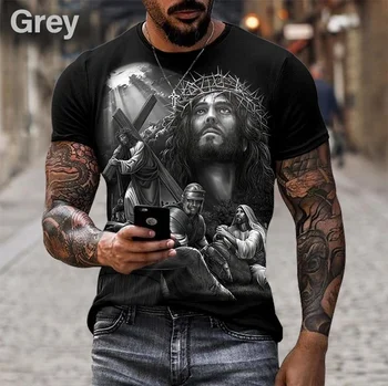 Нова Лятна Ежедневни Универсална Мъжка тениска с 3D принтом на Исус Христос и Кръста 2022, Забавна Тениска с Къс ръкав и кръгло деколте