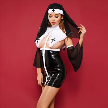 2022 Хелоуин Парти Монахиня Униформи Кожен Костюм Ролева Игра Секси Бельо