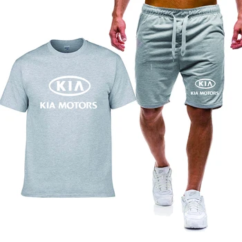 Лятна мъжка тениска от памук с логото на автомобил KIA motors, Мъжки Ежедневни памучен мъжка тениска с къс ръкав + шорти, комплект от 2 теми