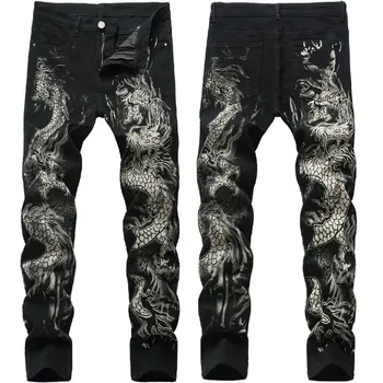 Нови мъжки китайски модни черни тесни дънки с дракон, стрейчевые удобни модерни мъжки панталони в стил хип-хоп, градинска облекло, панталони с принтом